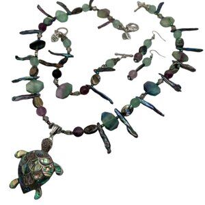 Handmade Jewelry Set ~ Abalone Turtle, Abalone, Dyed Pearl, Crystal Pewter